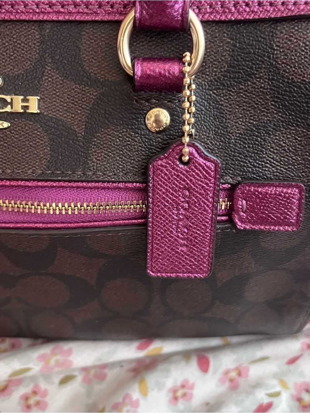 Coach Rowan Signature Brown & Hot Pink Dome Satchel Crossbody Bag - Picture 6 of 8